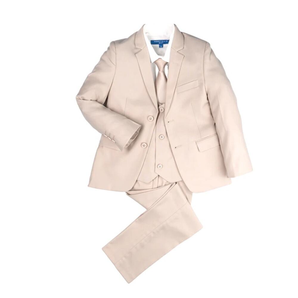 Perry Ellis boys tan SUIT jacket, pants, vest,tie 14 slim fit FORMAL NEW 4pc set